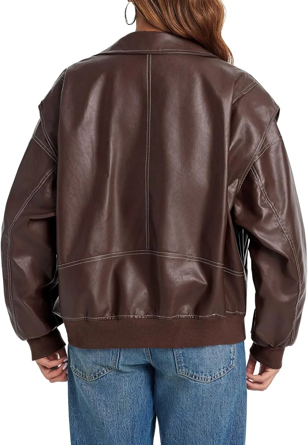 Tankaneo Womens Oversized Leather Bomber Jackets Cap Sleeve Zip Up Motorcycle Coats with Pockets