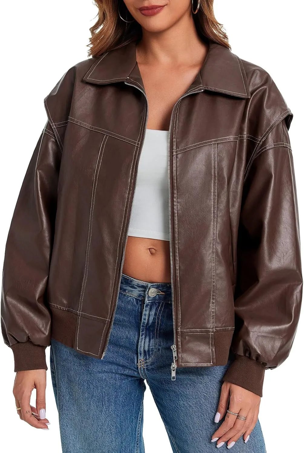 Tankaneo Womens Oversized Leather Bomber Jackets Cap Sleeve Zip Up Motorcycle Coats with Pockets
