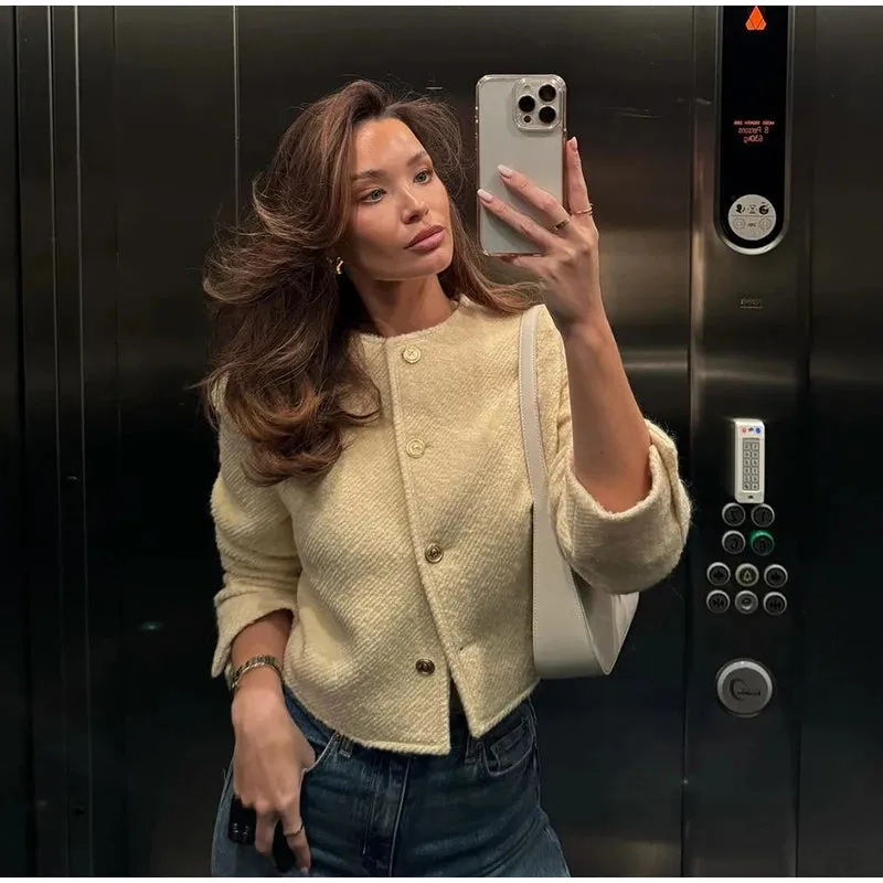 TAVIMART  -  Women Elegant Tweed Outwears O-neck Long Sleeve Female Short Jackets 2024 Autumn New Fashion Single Breasted Streetwear Coats