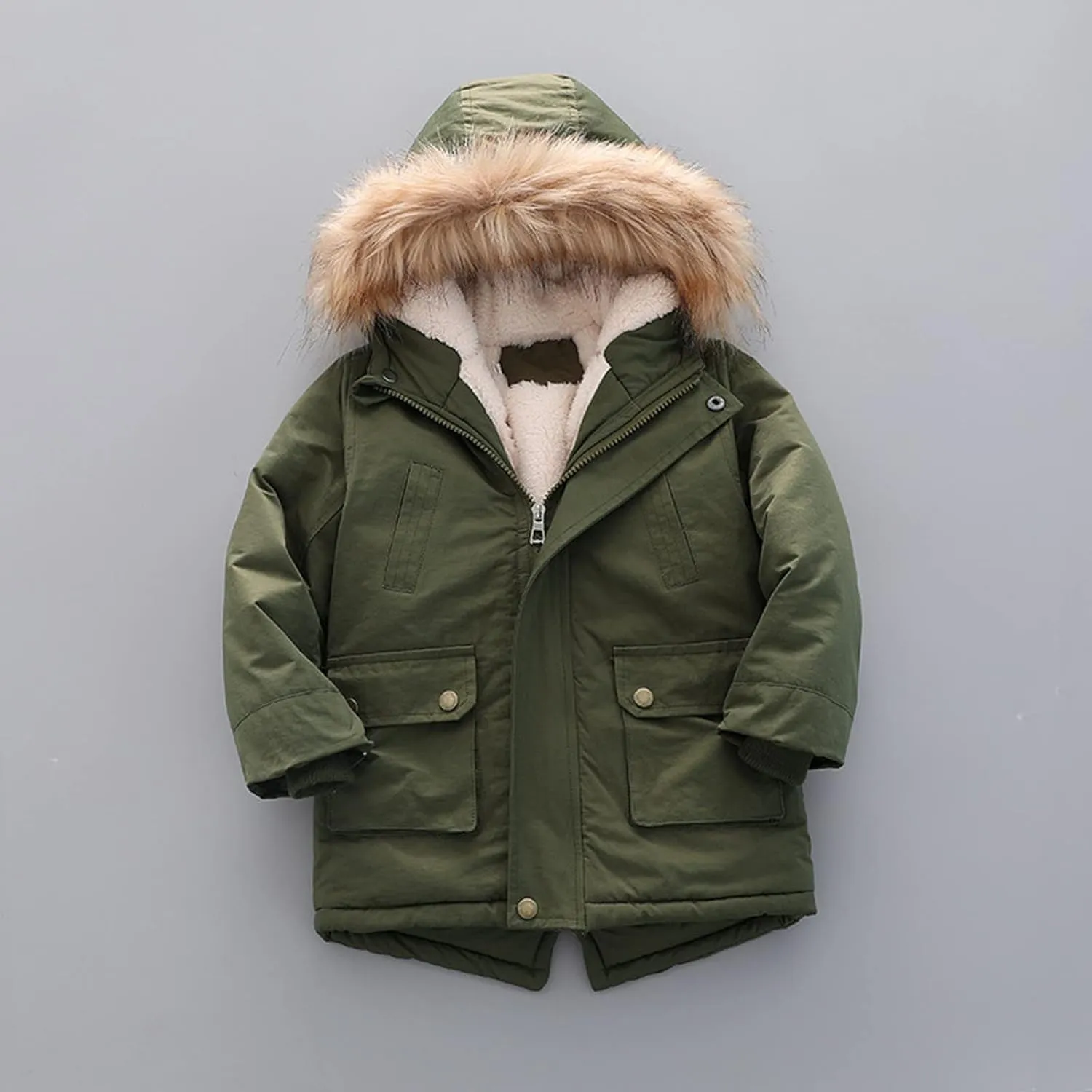 Toddler Girls Boys Padded Parka Thick Warm Jacket Faux Fur Hooded Fleece Coat for Kids Midweight Winter Jacket
