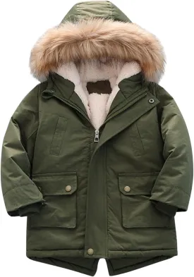 Toddler Girls Boys Padded Parka Thick Warm Jacket Faux Fur Hooded Fleece Coat for Kids Midweight Winter Jacket
