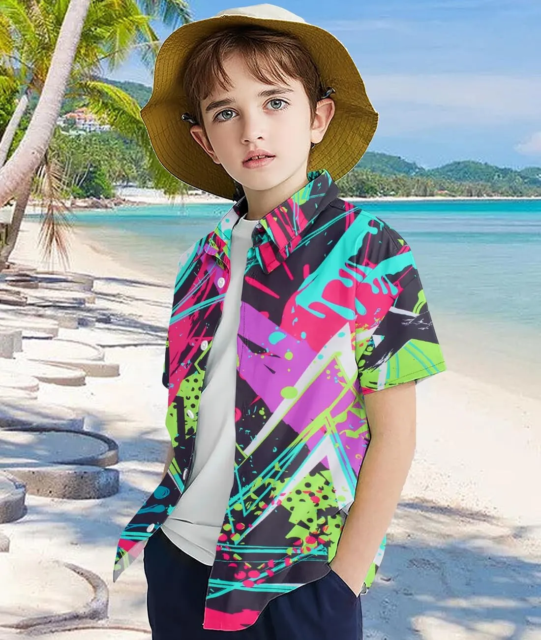 uideazone Boys Hawaiian Shirts Novelty Printed Funky Short Sleeve Button Down Shirt Kids Aloha Luau Shirt 7-14T