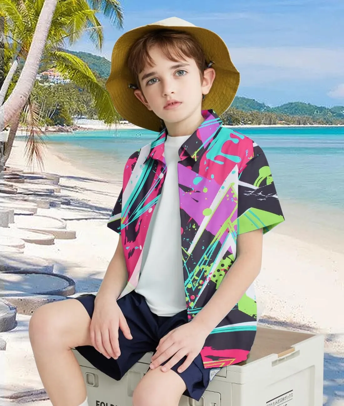 uideazone Boys Hawaiian Shirts Novelty Printed Funky Short Sleeve Button Down Shirt Kids Aloha Luau Shirt 7-14T