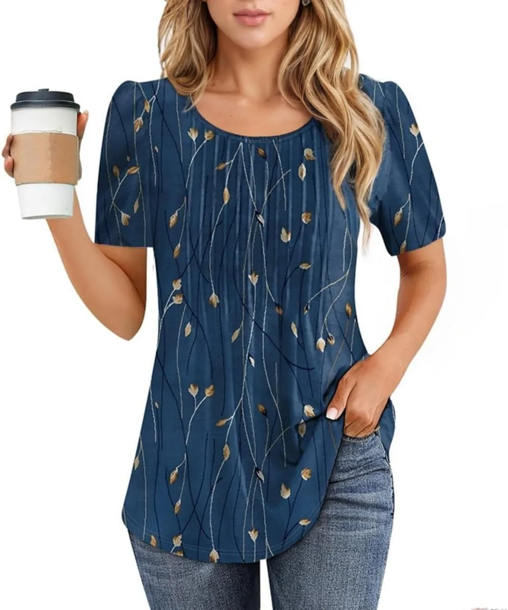 Western Tops for Women Casual Floral Print Summer Tops Pleated Short Sleeve Loose Tunic T Shirt Blouse Outfit