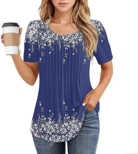 Western Tops for Women Casual Floral Print Summer Tops Pleated Short Sleeve Loose Tunic T Shirt Blouse Outfit