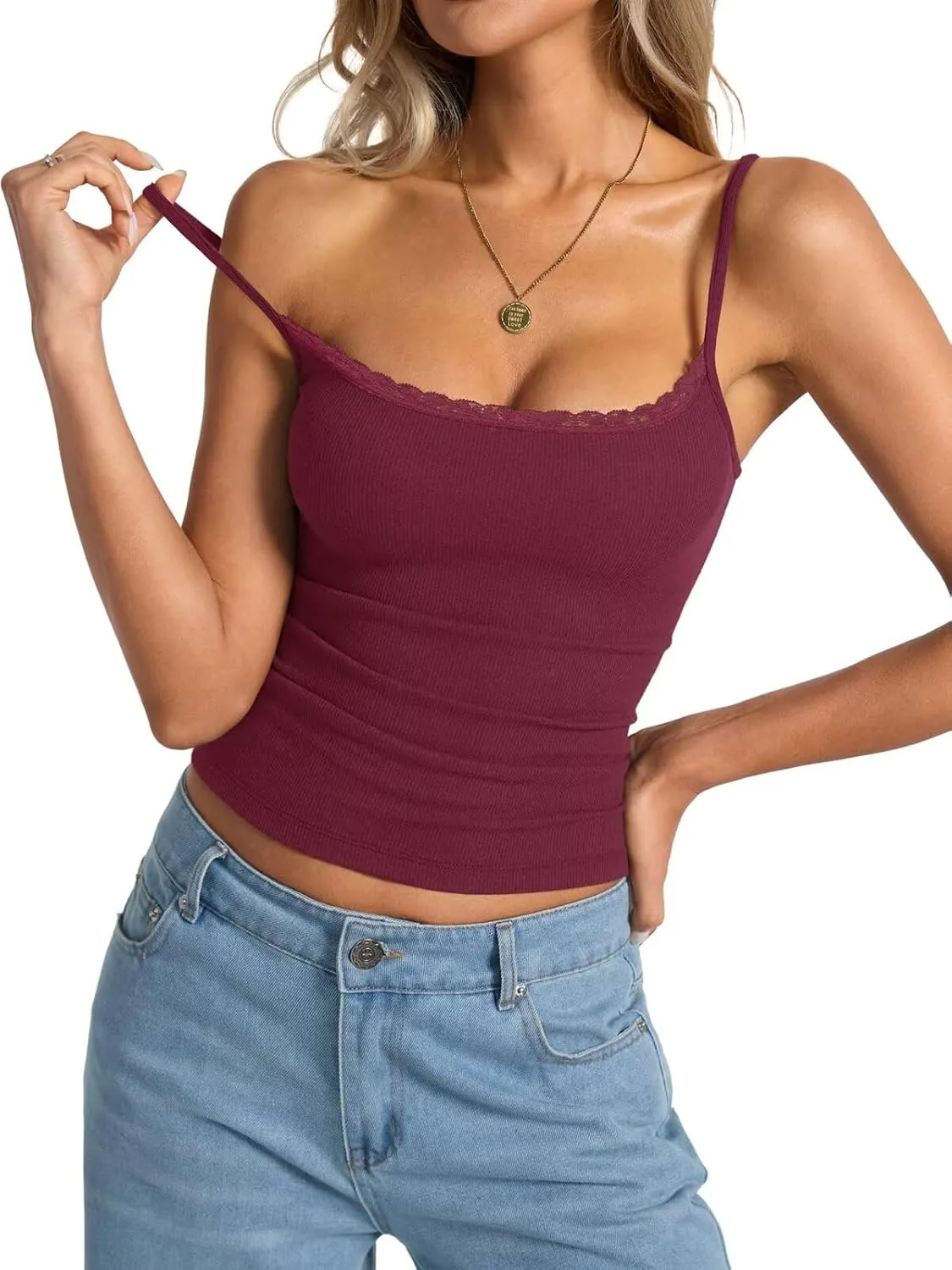 Womens Lace Camisole Tops Square Neck Ribbed Tank Tops Adjustable Spaghetti Straps Sleeveless Summer Shirt 2025