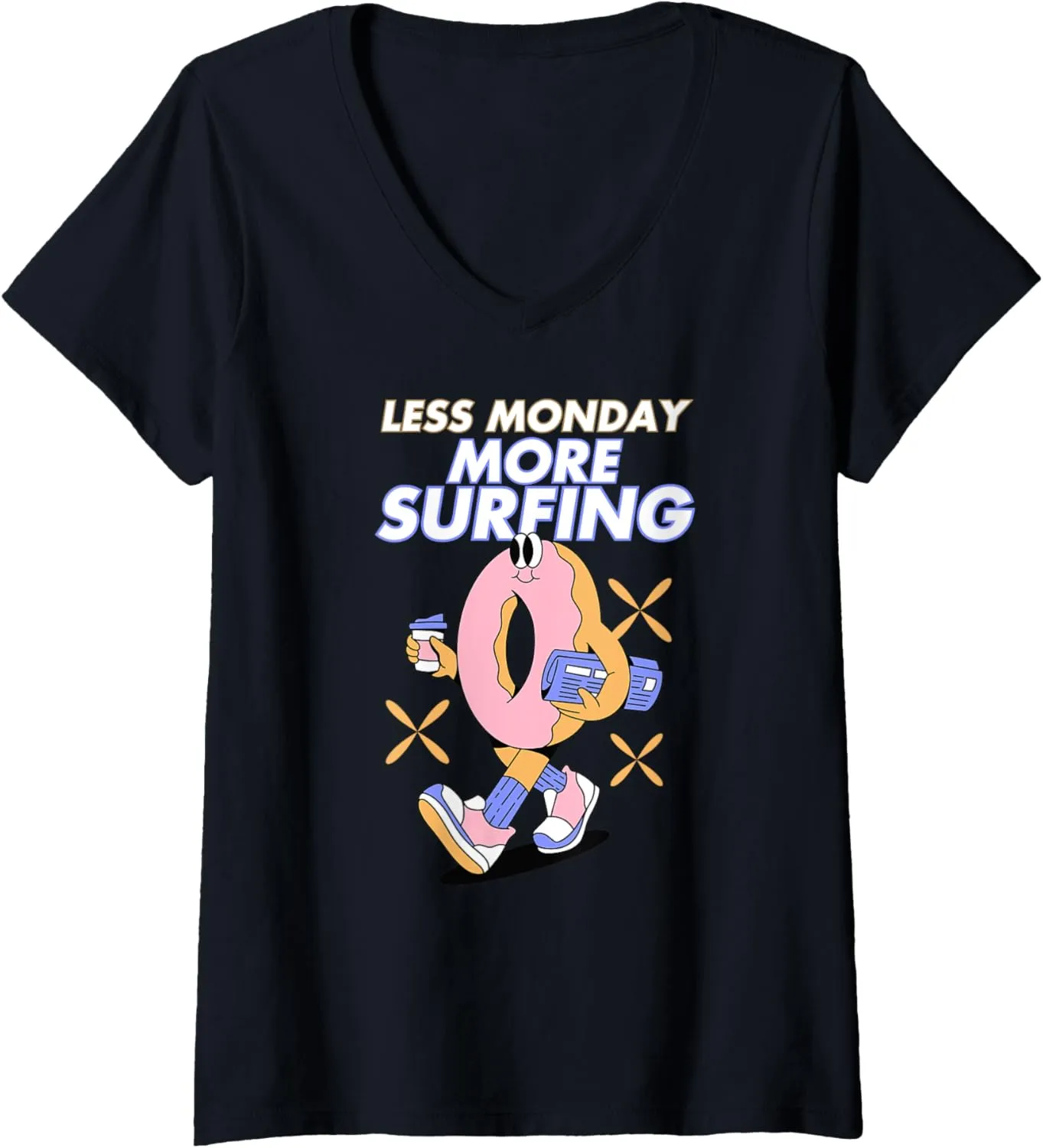 Womens Less Monday More Surfing Beach Wave Ocean Adventure V-Neck T-Shirt