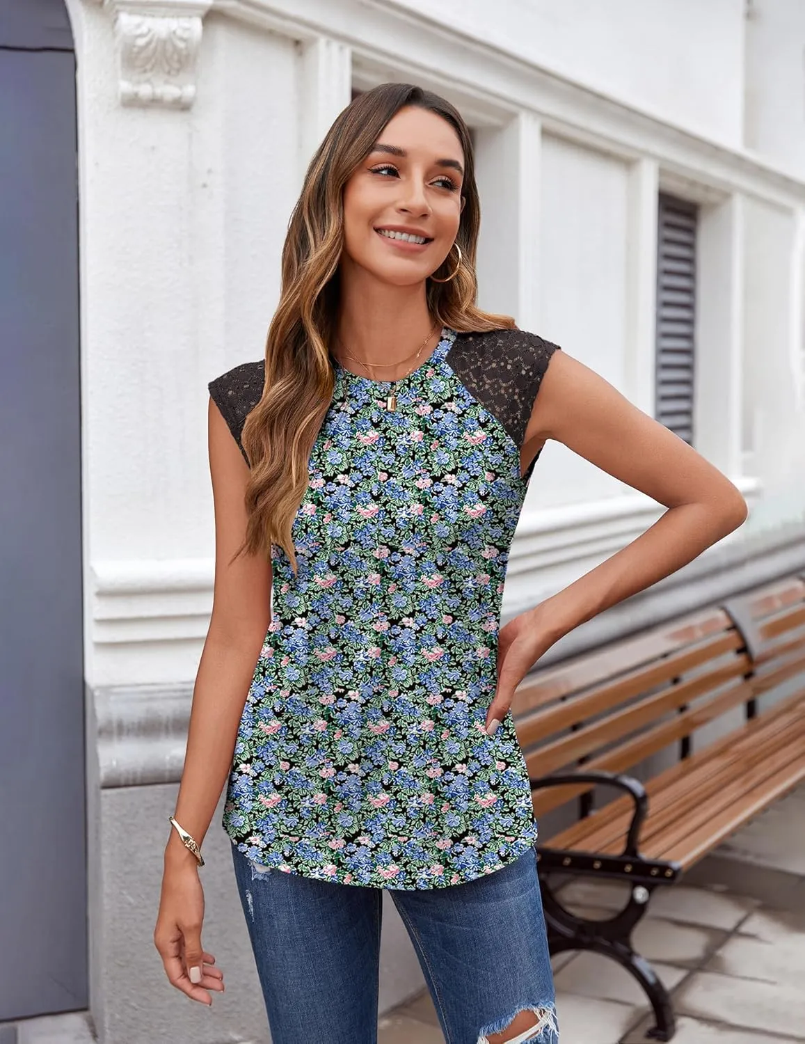 Zeagoo Women's Lace Cap Sleeve Tops Pleated Crewneck Summer Tank Tops 2025 Dressy Casual Sleeveless Shirts Blouse